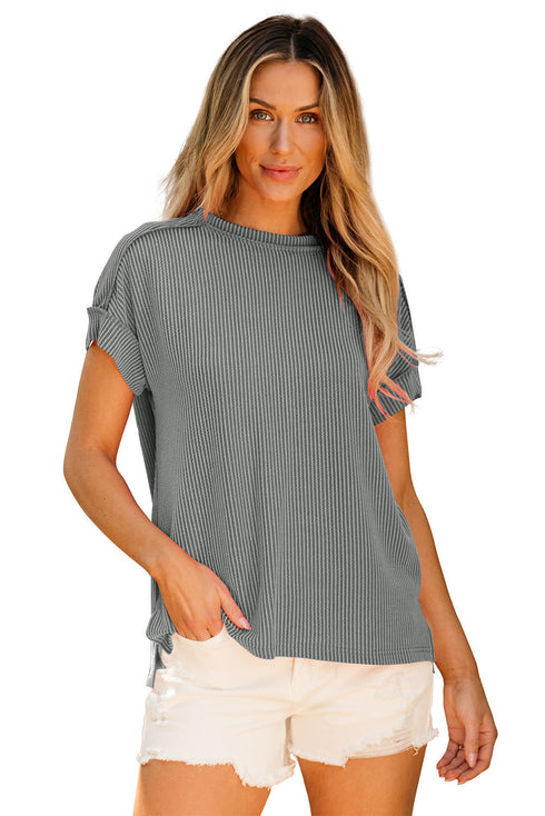 Solid Corded Textured Knit Exposed Stitching T-shirt