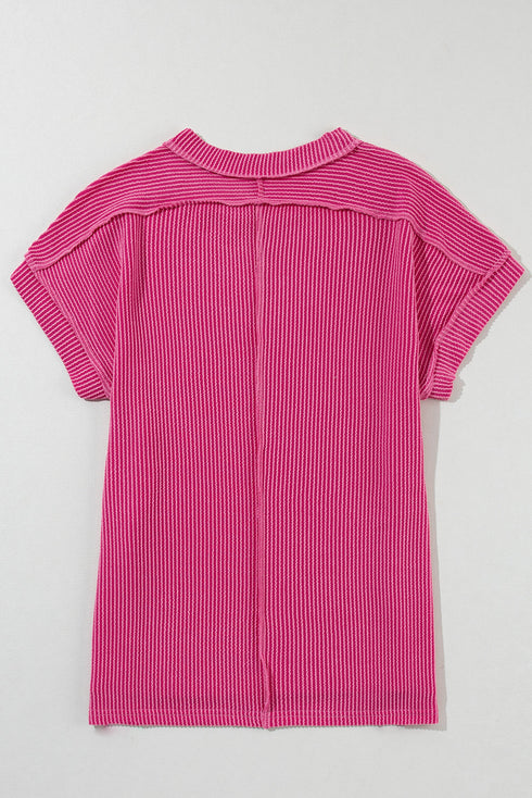 Solid Corded Textured Knit Exposed Stitching T-shirt