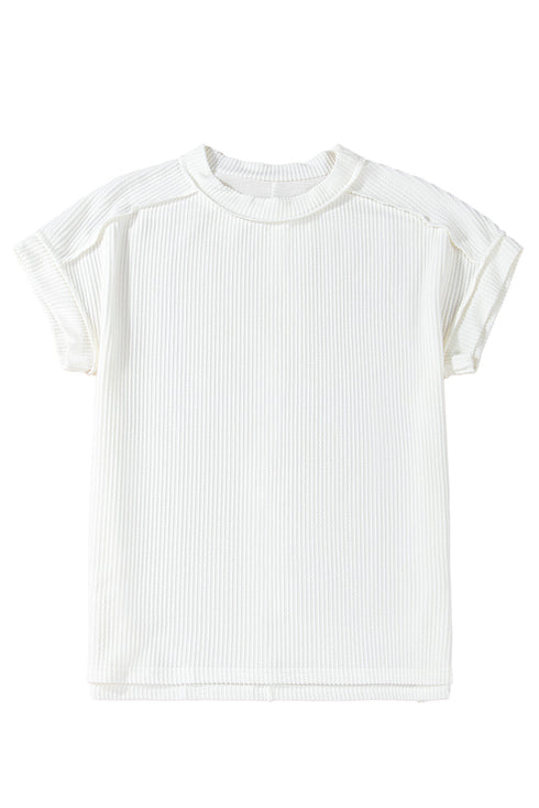 Solid Corded Textured Knit Exposed Stitching T-shirt