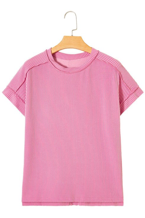 Solid Corded Textured Knit Exposed Stitching T-shirt