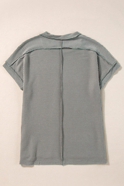 Solid Corded Textured Knit Exposed Stitching T-shirt