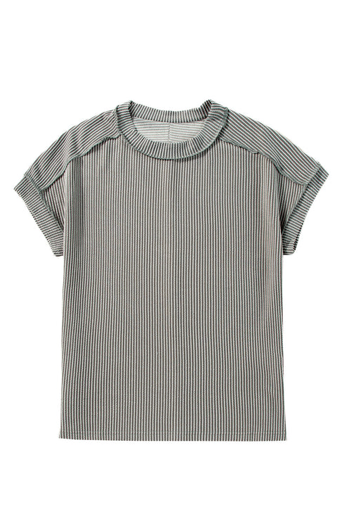 Solid Corded Textured Knit Exposed Stitching T-shirt