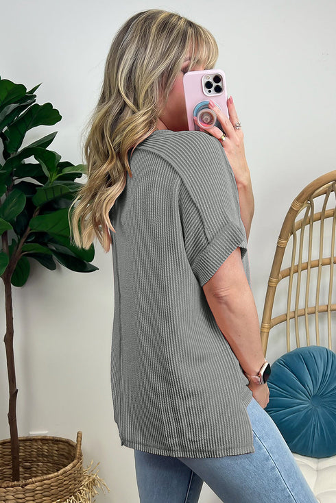 Solid Corded Textured Knit Exposed Stitching T-shirt
