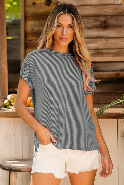 Solid Corded Textured Knit Exposed Stitching T-shirt