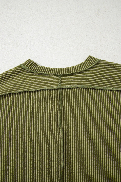 Solid Corded Textured Knit Exposed Stitching T-shirt