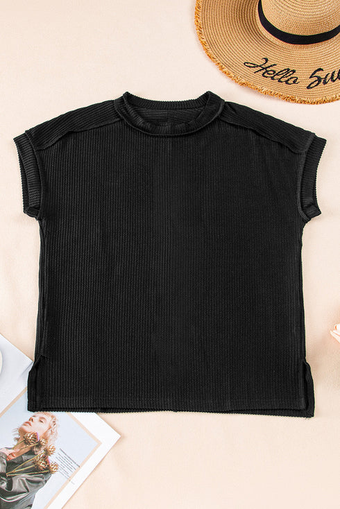 Solid Corded Textured Knit Exposed Stitching T-shirt