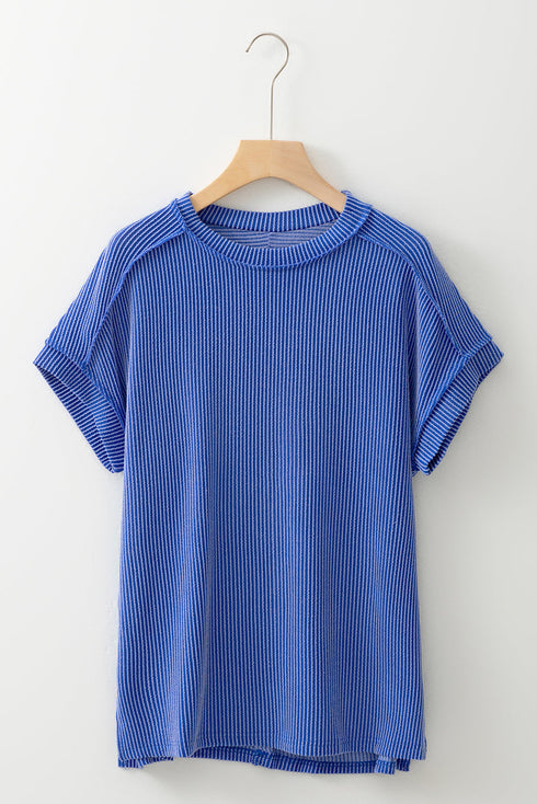 Solid Corded Textured Knit Exposed Stitching T-shirt