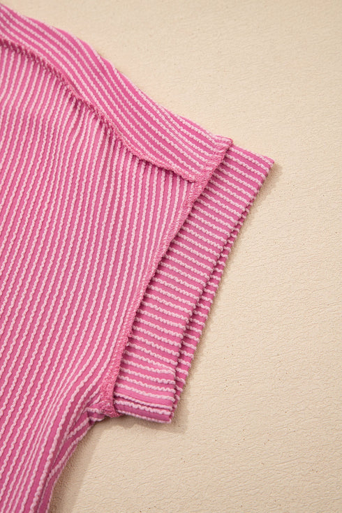 Solid Corded Textured Knit Exposed Stitching T-shirt