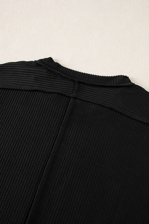 Solid Corded Textured Knit Exposed Stitching T-shirt
