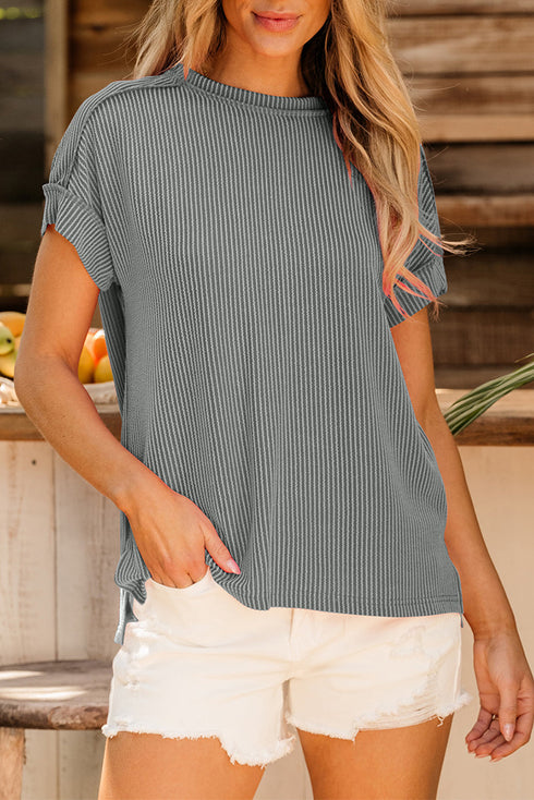 Solid Corded Textured Knit Exposed Stitching T-shirt