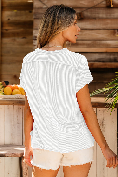 Solid Corded Textured Knit Exposed Stitching T-shirt