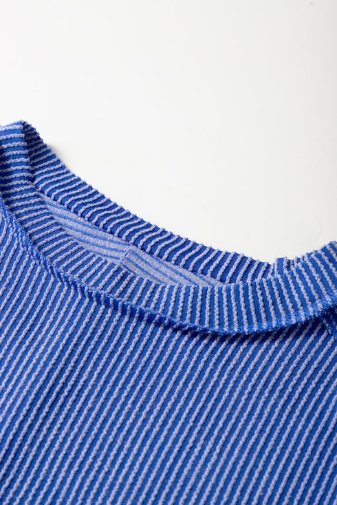 Solid Corded Textured Knit Exposed Stitching T-shirt