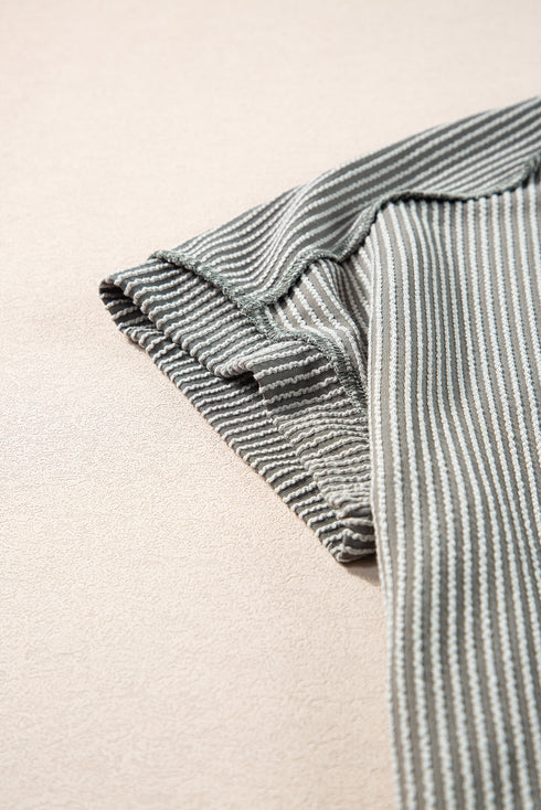 Solid Corded Textured Knit Exposed Stitching T-shirt