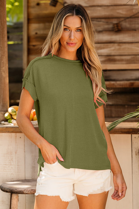 Solid Corded Textured Knit Exposed Stitching T-shirt