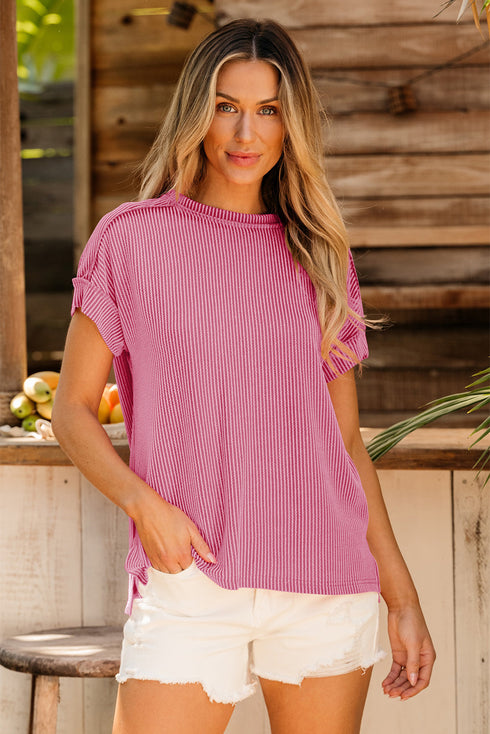 Solid Corded Textured Knit Exposed Stitching T-shirt