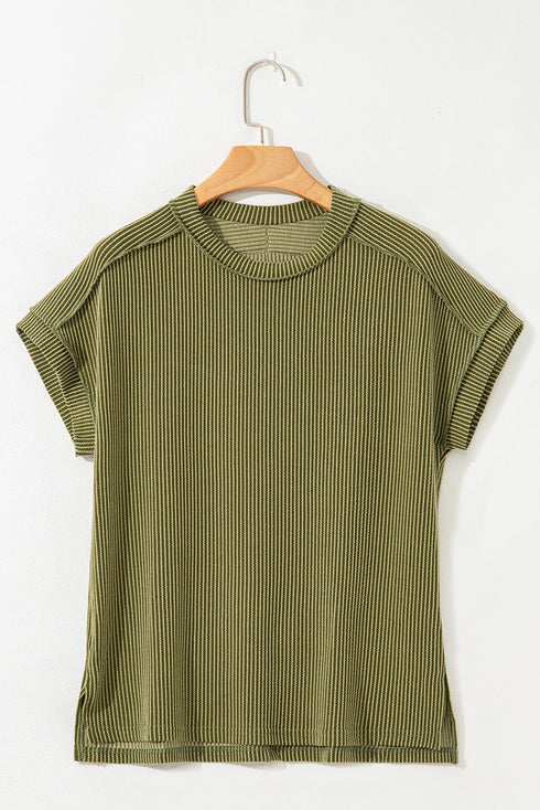 Solid Corded Textured Knit Exposed Stitching T-shirt