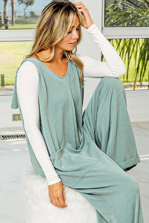 Solid Corded Tie Strap V Neck Wide Leg Jumpsuit
