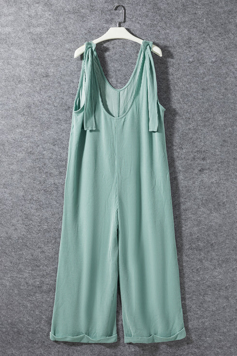 Solid Corded Tie Strap V Neck Wide Leg Jumpsuit