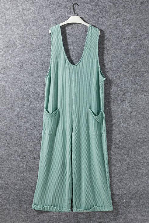 Solid Corded Tie Strap V Neck Wide Leg Jumpsuit