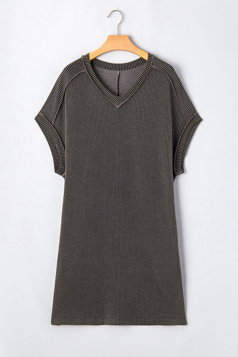 Solid Corded V Neck Pocket Plus Size Mini Dress