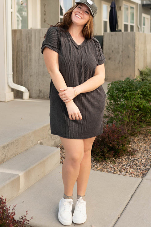Solid Corded V Neck Pocket Plus Size Mini Dress