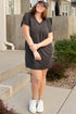 Solid Corded V Neck Pocket Plus Size Mini Dress