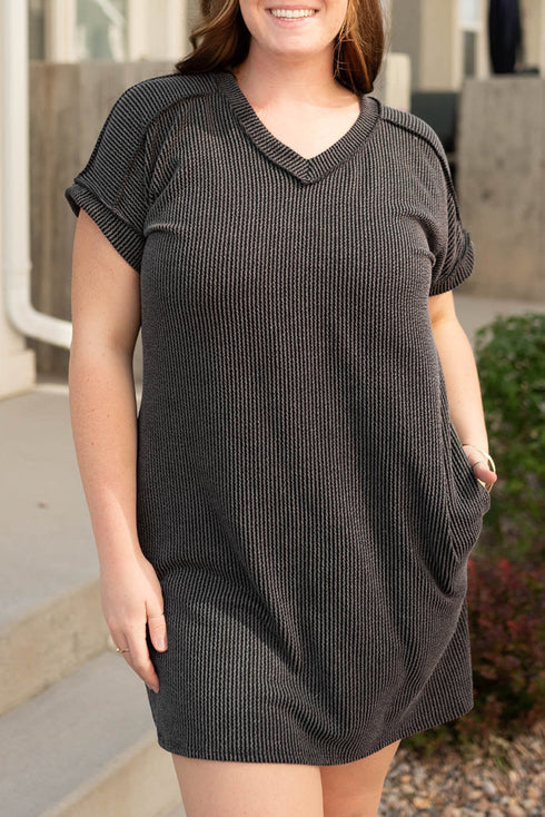 Solid Corded V Neck Pocket Plus Size Mini Dress