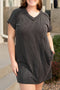 Solid Corded V Neck Pocket Plus Size Mini Dress