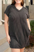 Solid Corded V Neck Pocket Plus Size Mini Dress