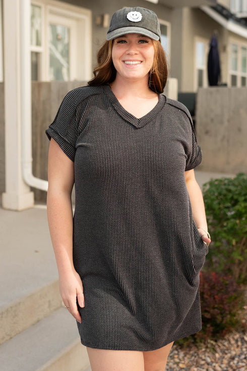Solid Corded V Neck Pocket Plus Size Mini Dress