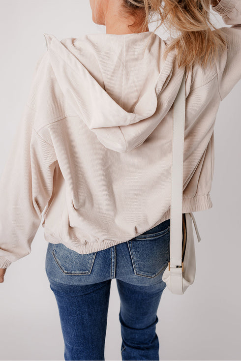 Solid Corduroy Drawstring Hooded Zip Up Jacket