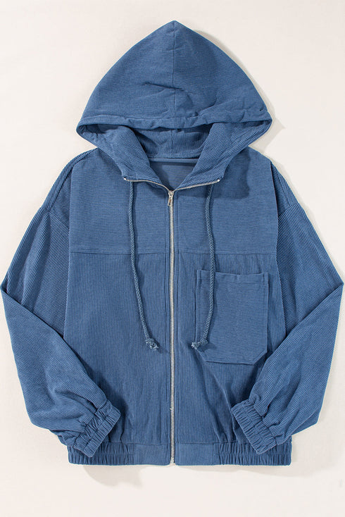 Solid Corduroy Drawstring Hooded Zip Up Jacket