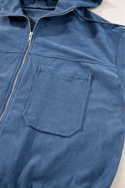 Solid Corduroy Drawstring Hooded Zip Up Jacket