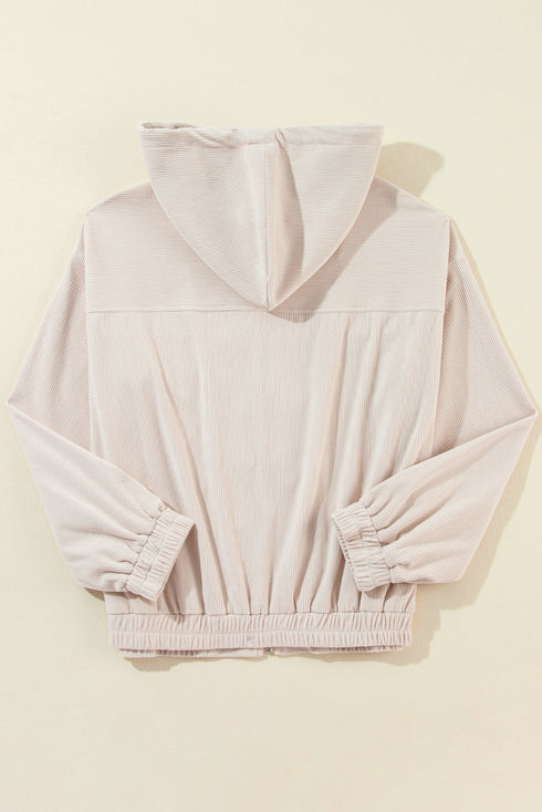 Solid Corduroy Drawstring Hooded Zip Up Jacket