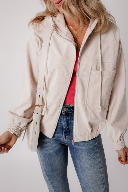 Solid Corduroy Drawstring Hooded Zip Up Jacket