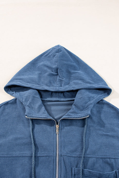 Solid Corduroy Drawstring Hooded Zip Up Jacket