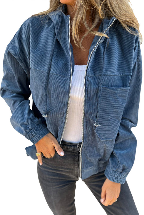 Solid Corduroy Drawstring Hooded Zip Up Jacket