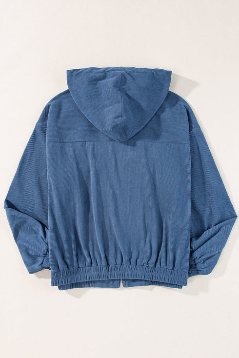 Solid Corduroy Drawstring Hooded Zip Up Jacket
