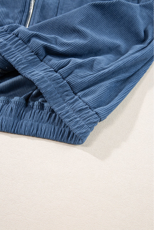 Solid Corduroy Drawstring Hooded Zip Up Jacket