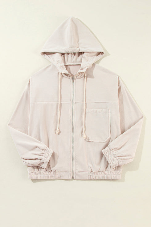 Solid Corduroy Drawstring Hooded Zip Up Jacket