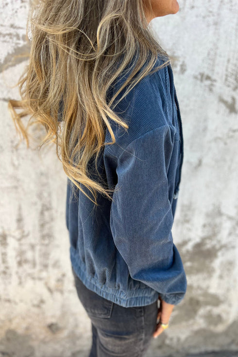 Solid Corduroy Drawstring Hooded Zip Up Jacket