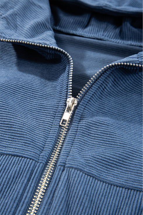 Solid Corduroy Drawstring Hooded Zip Up Jacket