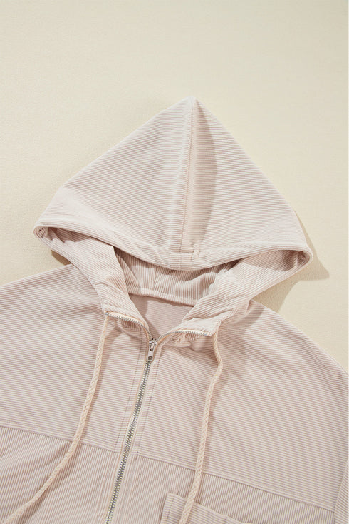 Solid Corduroy Drawstring Hooded Zip Up Jacket