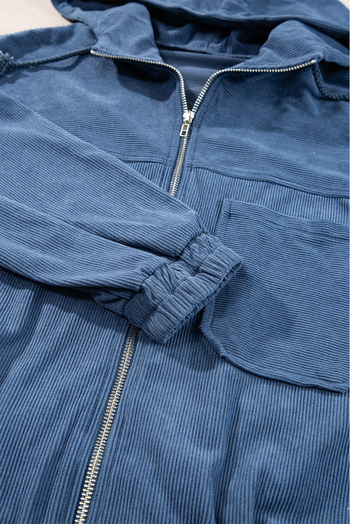 Solid Corduroy Drawstring Hooded Zip Up Jacket