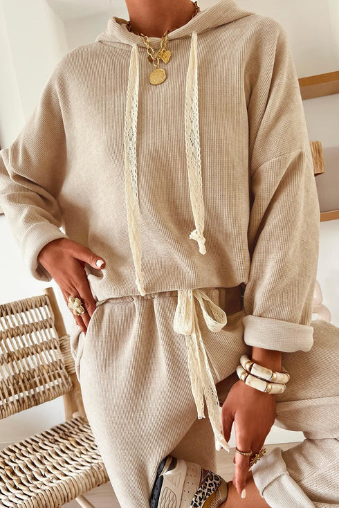 Solid Corduroy Drawstring Pullover Hoodie And High Waist Pant Set