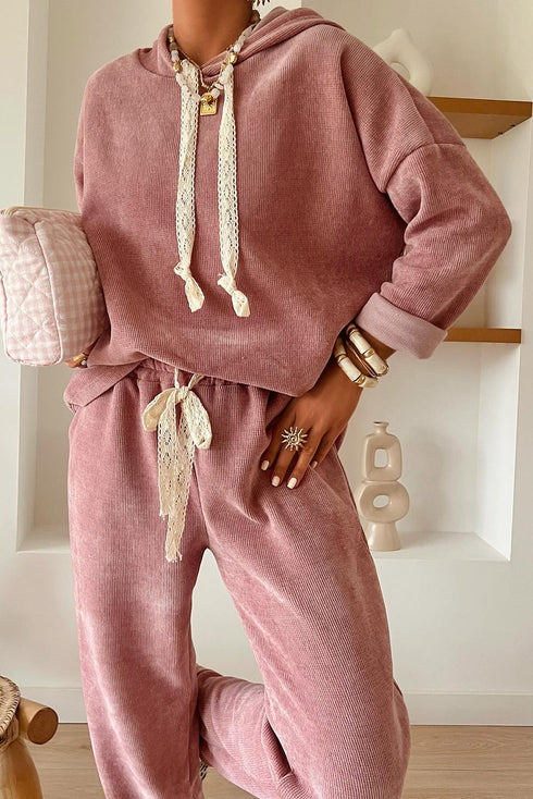 Solid Corduroy Drawstring Pullover Hoodie And High Waist Pant Set