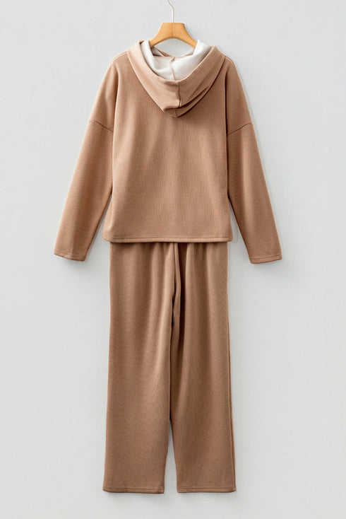 Solid Corduroy Drawstring Pullover Hoodie And High Waist Pant Set