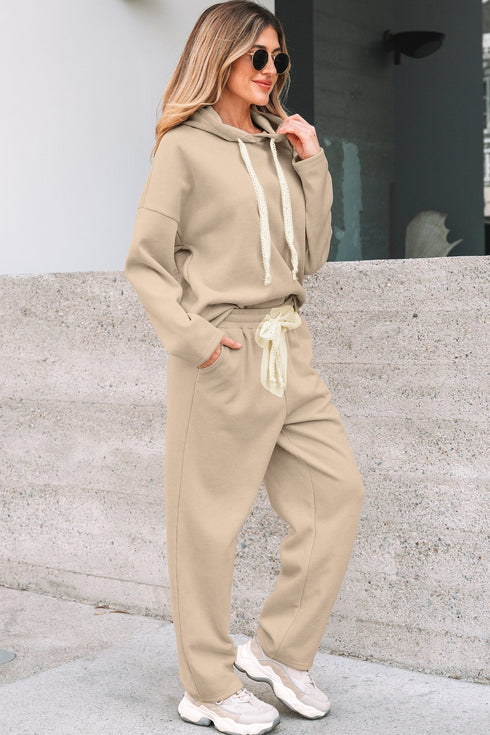 Solid Corduroy Drawstring Pullover Hoodie And High Waist Pant Set