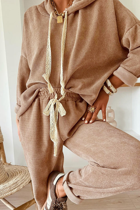 Solid Corduroy Drawstring Pullover Hoodie And High Waist Pant Set