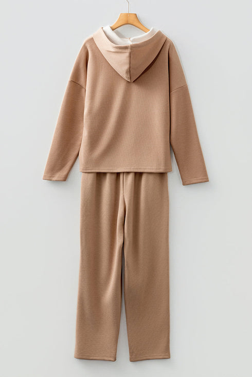 Solid Corduroy Drawstring Pullover Hoodie And High Waist Pant Set